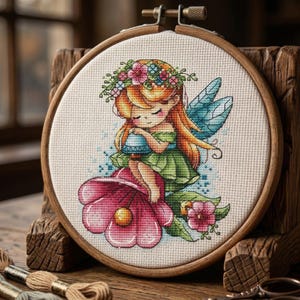Korsstygnsmönster med älva på klocka, broderi av söt flicka (PDF-mönster)