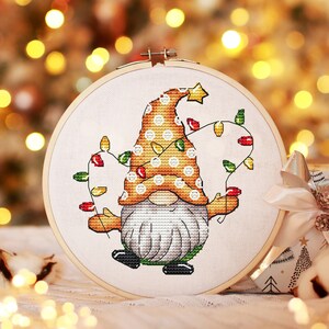 Christmas Gnome Cross Stitch Pattern, Printable Digital Design, Instant Download for Holiday DIY Decor, Gnome with Lantern Hand Embroidery