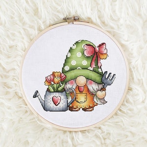 Gnome Cross stitch pattern PDF, Spring Gnome Counted Cross Stitch, Cute Gnome Embroidery Instant Download File, Wall Decor