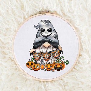 Gnome Halloween Cross Stitch Pattern, Halloween Pumpkin Pattern Cross Stitch Digital File Instant Download, Hand Embroidery Design