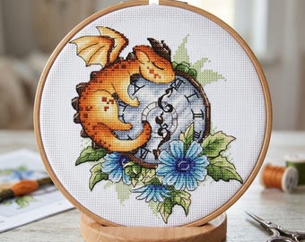 Dragon with Clock Cross Stitch Pattern, Fantasy Floral Design (PDF)