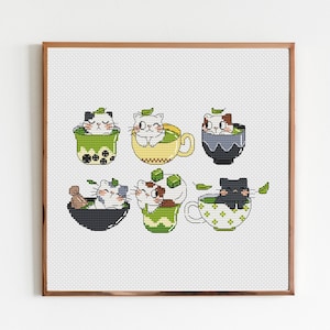 Cats Cross Stitch Pattern PDF, Matcha cats in cup Cross Stitch, Kitchen Decor, Kitty Cross Stitch, Instant Download PDF