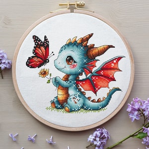 Dragon Cross Stitch Pattern, Dragon with Butterfly Cross Stitch, Fantasy Cross Stitch, Cute Dragon Cross Stitch Pattern PDF