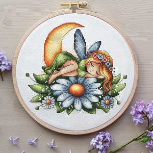 Fairy Cross Stitch Pattern, Fairy on Chamomile Cross Stitch, Flowers Embroidery, Cute Littel Girl Cross Stitch Pattern Digital File PDF