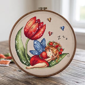 Fairy on Tulip Cross Stitch Pattern, Flowers Embroidery (Digital PDF)
