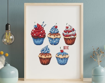 Independence Day Cupcakes Cross stitch pattern PDF, Patriotic 4th July Decor, The United States of America Cross Stitch Instant Download PDF