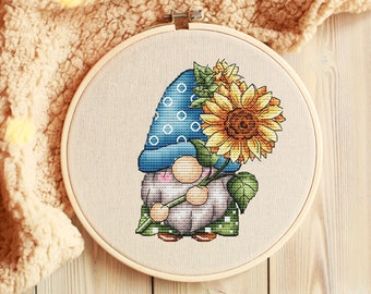 Gnome Cross stitch pattern PDF, Gnome with sunflower Counted Cross Stitch, Cute Gnome Embroidery Instant Download File, Wall Decor