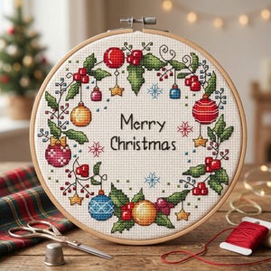 May include: A cross-stitch embroidery hoop with a Christmas wreath design. The wreath features green leaves, red berries, and colorful ornaments. The words "Merry Christmas" are stitched in black. The hoop is on a wooden surface.