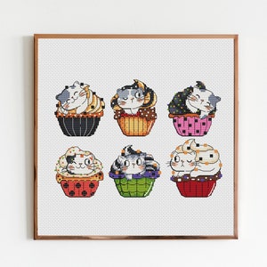 Cats Cross Stitch Pattern PDF, Cats in cupcake Cross Stitch, Kawaii Cats, Halloween Decor, Kitty Cross Stitch, Instant Download