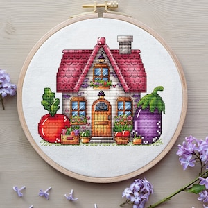 House Cross Stitch Pattern Digital Download, Vegetable House Embroidery, House with Vegetable, Summer Decor, Cozy House Pattern PDF