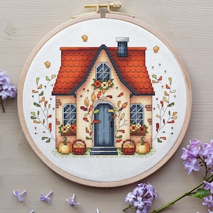 Autumn House Cross Stitch Pattern PDF Instant Download, Autumn Cute Pumpkin Cross Stitch,  Room Decor, Autumn Room Decor, Digital File PDF
