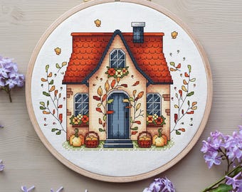 Herfst huis kruissteekpatroon PDF direct downloaden, herfst schattige pompoen kruissteek, kamerdecoratie, herfstkamerdecoratie, digitaal bestand pdf