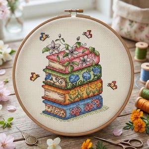 Floral Books Cross Stitch Pattern PDF, Spring Flowers Embroidery Wall Art, Book Lover Gift, Librarian Office Decor, Butterfly Needlepoint