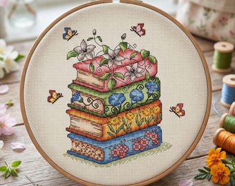 Floral Books Cross Stitch Pattern PDF, Spring Flowers Embroidery Wall Art, Book Lover Gift, Librarian Office Decor, Butterfly Needlepoint