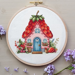 House Cross Stitch Pattern Digital Download, Strawberry House Embroidery, House with Berries, Spring Decor, Cozy House Pattern PDF