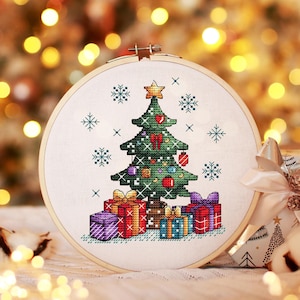 Christmas Tree Cross Stitch Pattern PDF, Christmas Gift Cross Stitch, Holiday Joy Hand Embroidery, Christmas Crafts Digital Download PDF