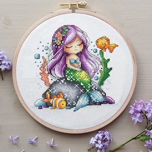 Mermaid Cross Stitch Pattern, Ocean Princess Digital Pattern PDF, Sea Girl Modern Wall Decor Pattern, Hand Embroidery Needlepoint Chart