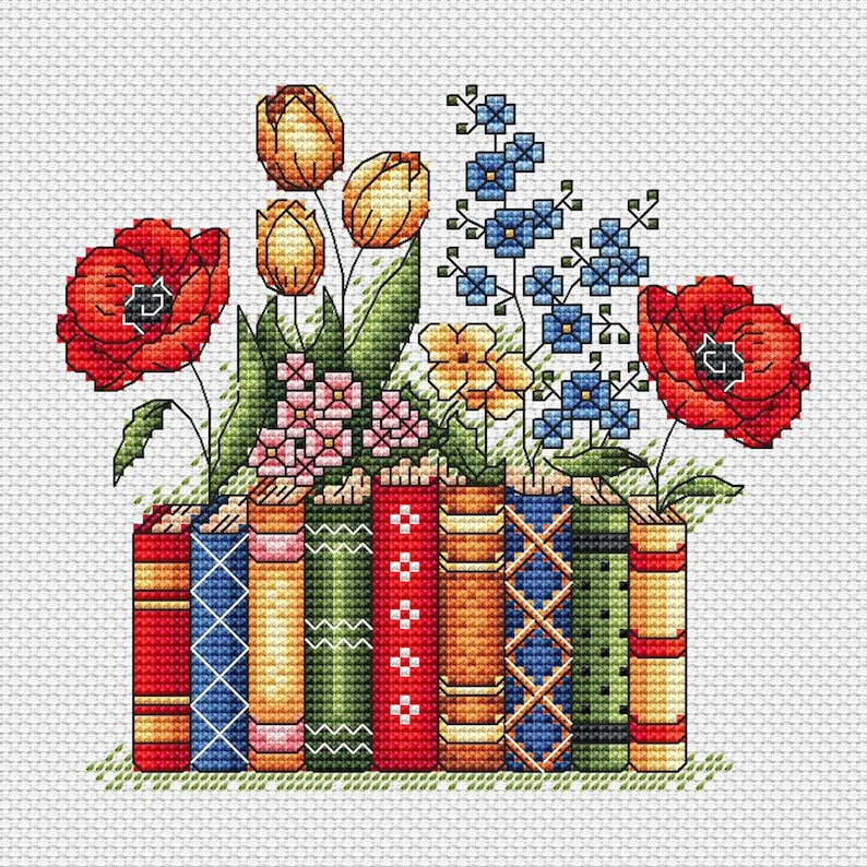 Books and Wildflowers Cross Stitch Pattern, Floral Bookcase Embroidery ...