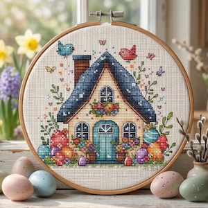 Easter House Cross Stitch Pattern, Flowers and Eggs (Digital Download)