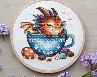 Dragon Cross Stitch Pattern, Dragon in a Cup Cross Stitch, Fantasy Cross Stitch, Cute Little Dragon Cross Stitch Pattern PDF