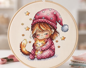 Girl and Kitten Cross Stitch Pattern, Soft Toy Embroidery (PDF)