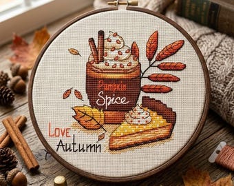 Pumpkin Spice Latte Cross Stitch Pattern, Autumn Embroidery (PDF)
