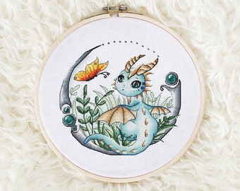 Dragon Cross Stitch Pattern PDF, Dragon With Butterfly Cross Stitch, Fantasy Cross Stitch, Cute Cross Stitch Chart PDF