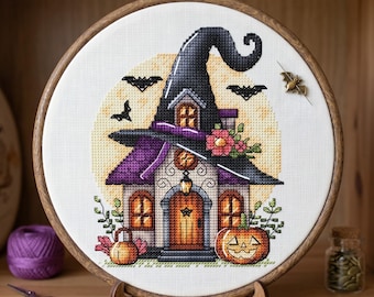 Halloween Witch House Cross Stitch Pattern, Pumpkin Bats (PDF Download)