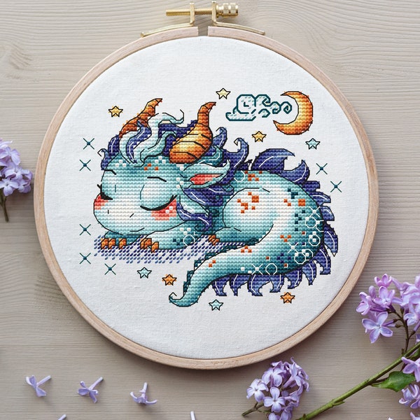 Dragon Cross Stitch Pattern PDF, Sleeping Dragon Counted Cross Stitch, Cute Dragon Embroidery, Fantasy Cross Stitch Instant Download File