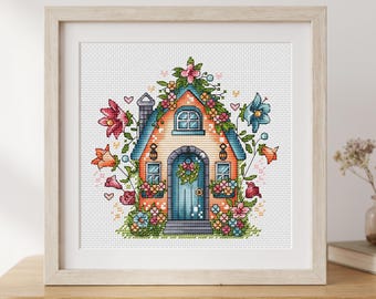 Floral House Cross Stitch Pattern, Spring Embroidery (Digital Download)