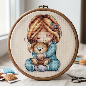 テディベアを持った女の子のクロスステッチ図案（PDF図案）