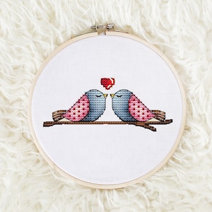 Love birds Cross Stitch Pattern PDF Instant Download, Bird Counted Cross Stitch, Valentine&#39;s Day Cross Stitch, Cute Birds Embroidery