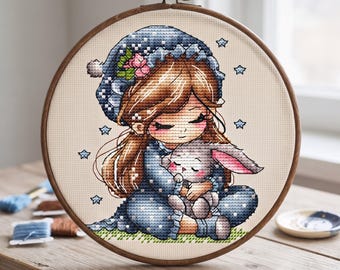 Girl with Bunny Cross Stitch Pattern, Soft Toy Embroidery (Digital PDF)