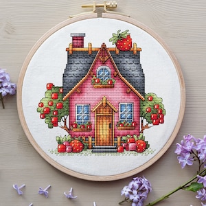 House Cross Stitch Pattern Digital Download, Berry House Embroidery, House with Berries, Spring Decor, Cozy House Pattern PDF