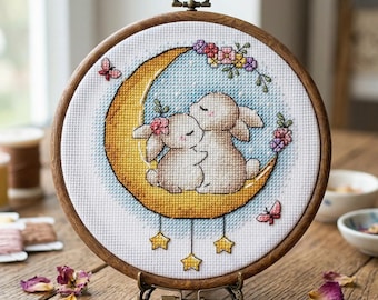 Patrón de punto de cruz de conejitos en la luna, animales fantásticos (patrón en PDF)
