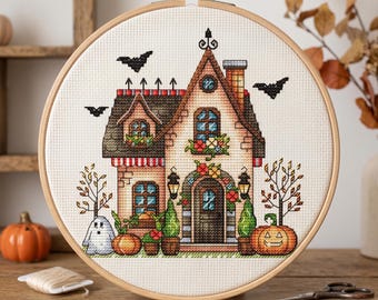Halloween House Cross Stitch Pattern, Pumpkin Decor (PDF Download)