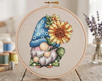Gnome with Sunflower Cross Stitch Pattern, Hand-Designed Embroidery (PDF Pattern)