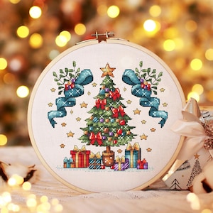 Christmas Tree Cross Stitch Pattern PDF, Christmas Gift Cross Stitch, Holiday Joy Hand Embroidery, Christmas Crafts Digital Download