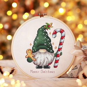 Christmas Gnome Cross Stitch Pattern, Printable Digital Design, Instant Download for Holiday DIY Decor, Gnome with Candy Hand Embroidery