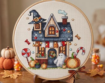 Halloween House Cross Stitch Pattern, Ghost, Pumpkin Decor (PDF Pattern)