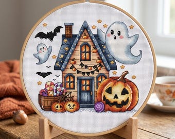 Halloween House Cross Stitch Pattern, Pumpkin Ghost Decor (PDF Download)