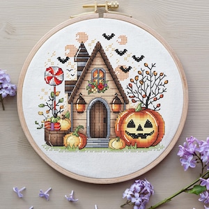 Halloween House Cross Stitch Pattern PDF Instant Download, Halloween Cute Pumpkin Cross Stitch,  Halloween Decor, Autumn Decor