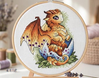 Baby Dragon Cross Stitch Pattern, Fantasy Golden Design (PDF Pattern)