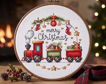 Schema per punto croce del trenino di Natale, Santa Express (download digitale)