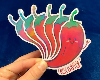 Pegatina de pimienta holográfica neurospicy - pegatina de personaje de pimienta picante neurodivergente linda y feliz - dibujada y cortada a mano