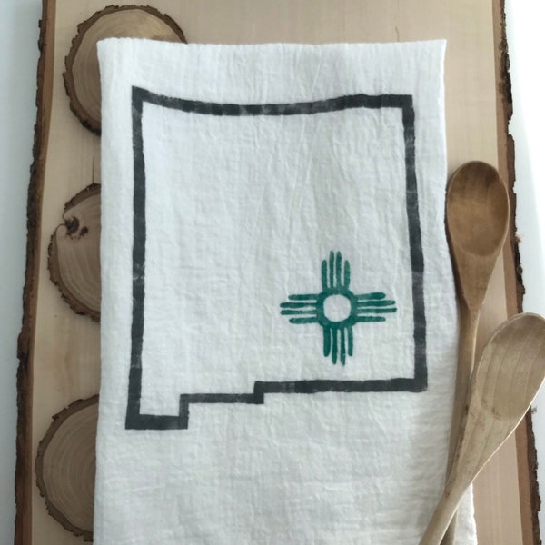 Turquoise & Gray New Mexico Tea Towel, Flour Sack, Hand Painted, Cozy Decor, Functional Art, Mountain Decor, Kitchen, Bathroom Decor, Gift