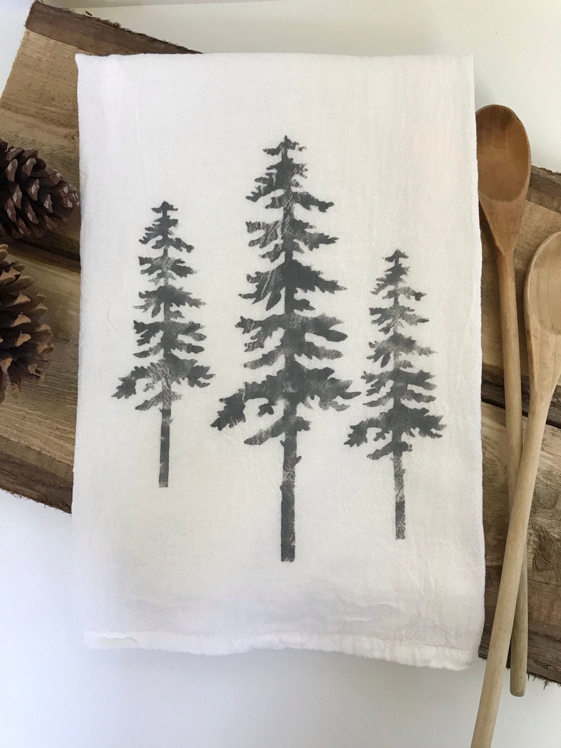 Gray Pine Tree Tea Towel Flour Sack Towel Hand Painted Cozy Etsy