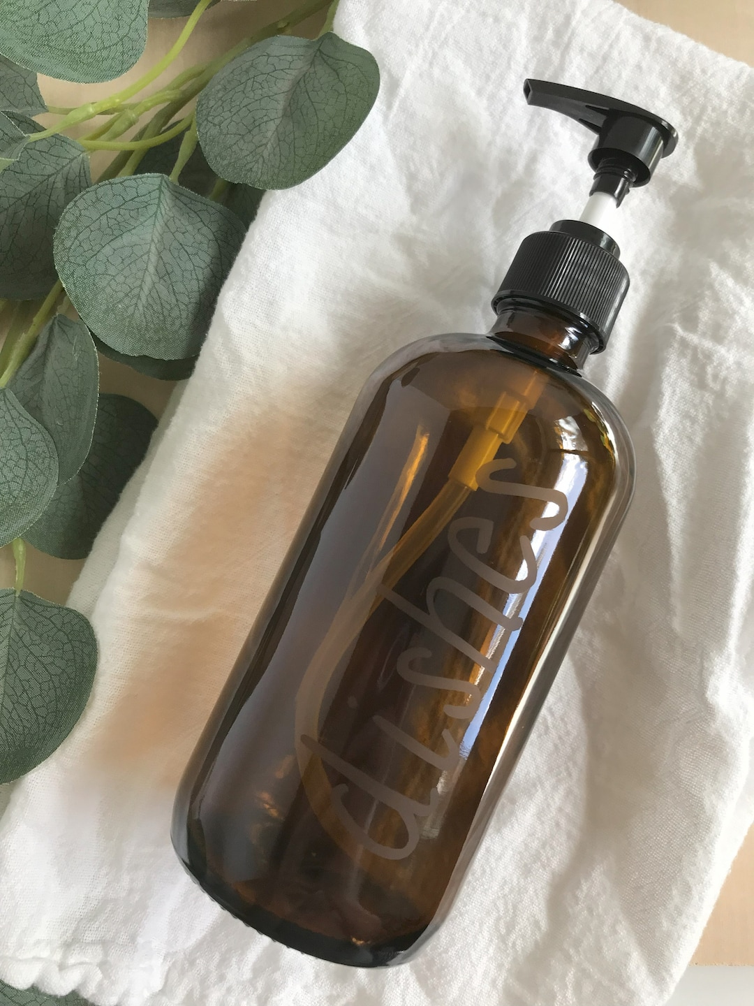 Amber Glass Bottle 16 Oz Etched Dish Soap White Pump Etsy