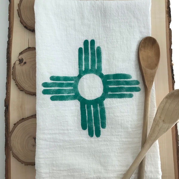 Turquoise Zia Tea Towel, New Mexico, Flour Sack, Hand Painted, Cozy Decor, Functional Art, Mountain Decor, Kitchen, Bathroom Decor, Gift