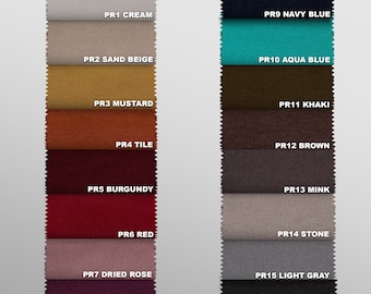 May include: A color chart showing 16 different fabric swatches with their corresponding names. The swatches are arranged in two columns, with the names of the colors printed below each swatch. The colors include cream, sand beige, mustard, tile, burgundy, red, dried rose, plum, navy blue, aqua blue, khaki, brown, mink, stone, light gray, and anthracite.